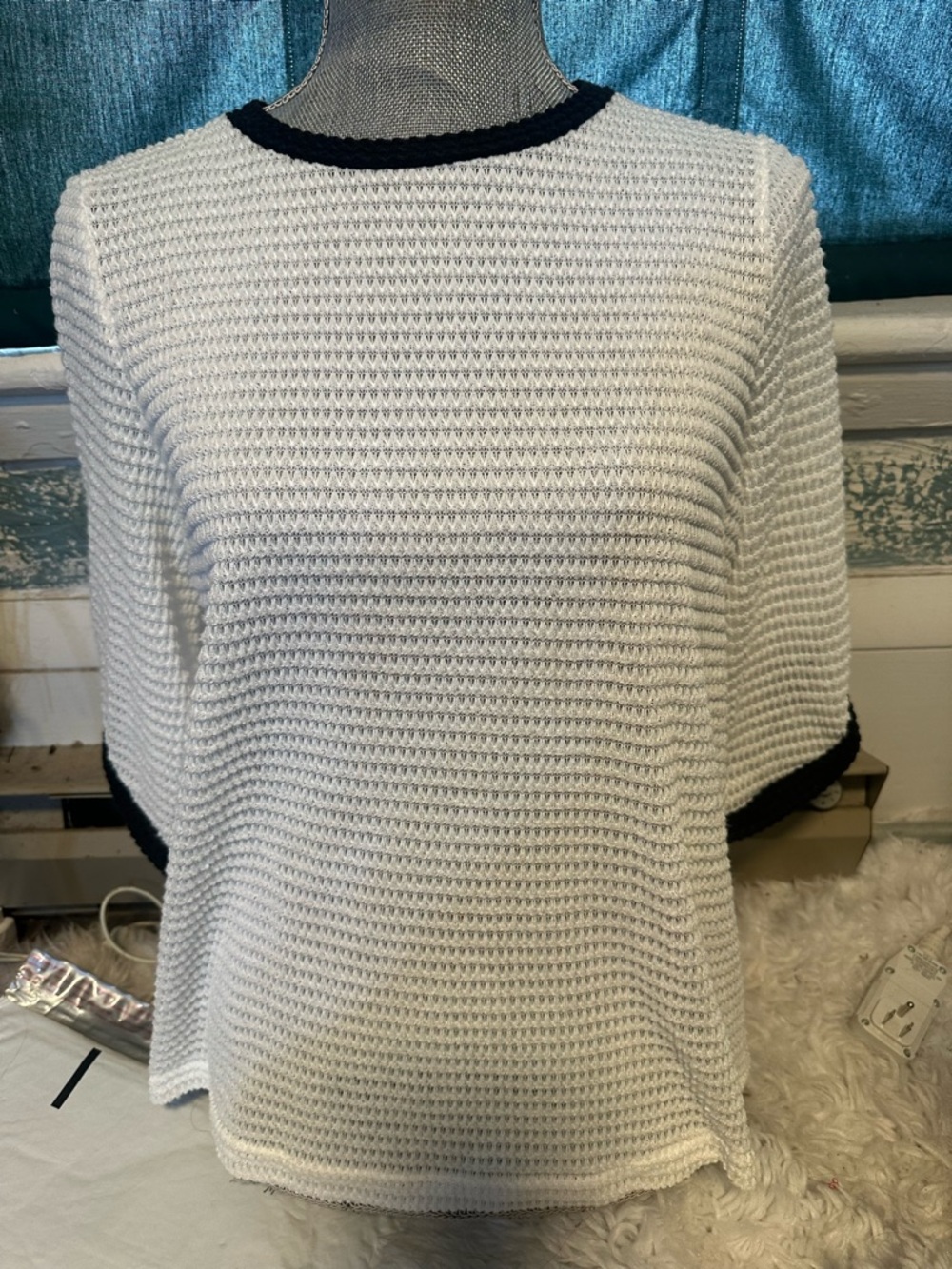 SHEIN White Knit Top with Black Trim